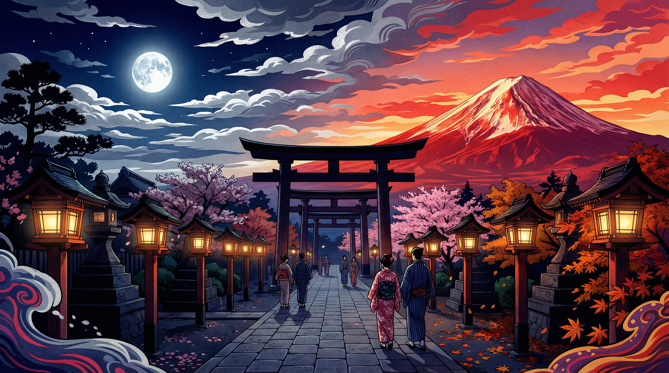 月と富士の対比美